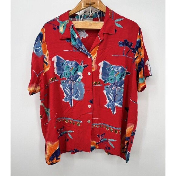 VTG 80s POOL tropical  BRIGHT RED BUTTON ALOHA NOVELTY SHIRT RAYON  Size 1X Pic6 - Picture 1 of 11